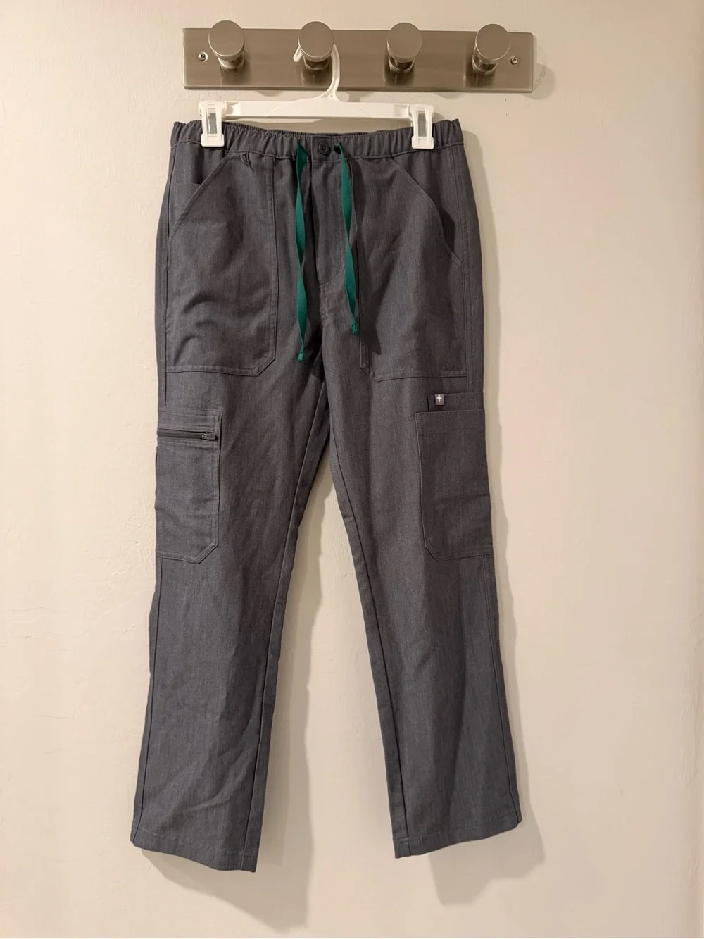 Figs Men's Gray Cargo Drawstring Pants with Green Cord